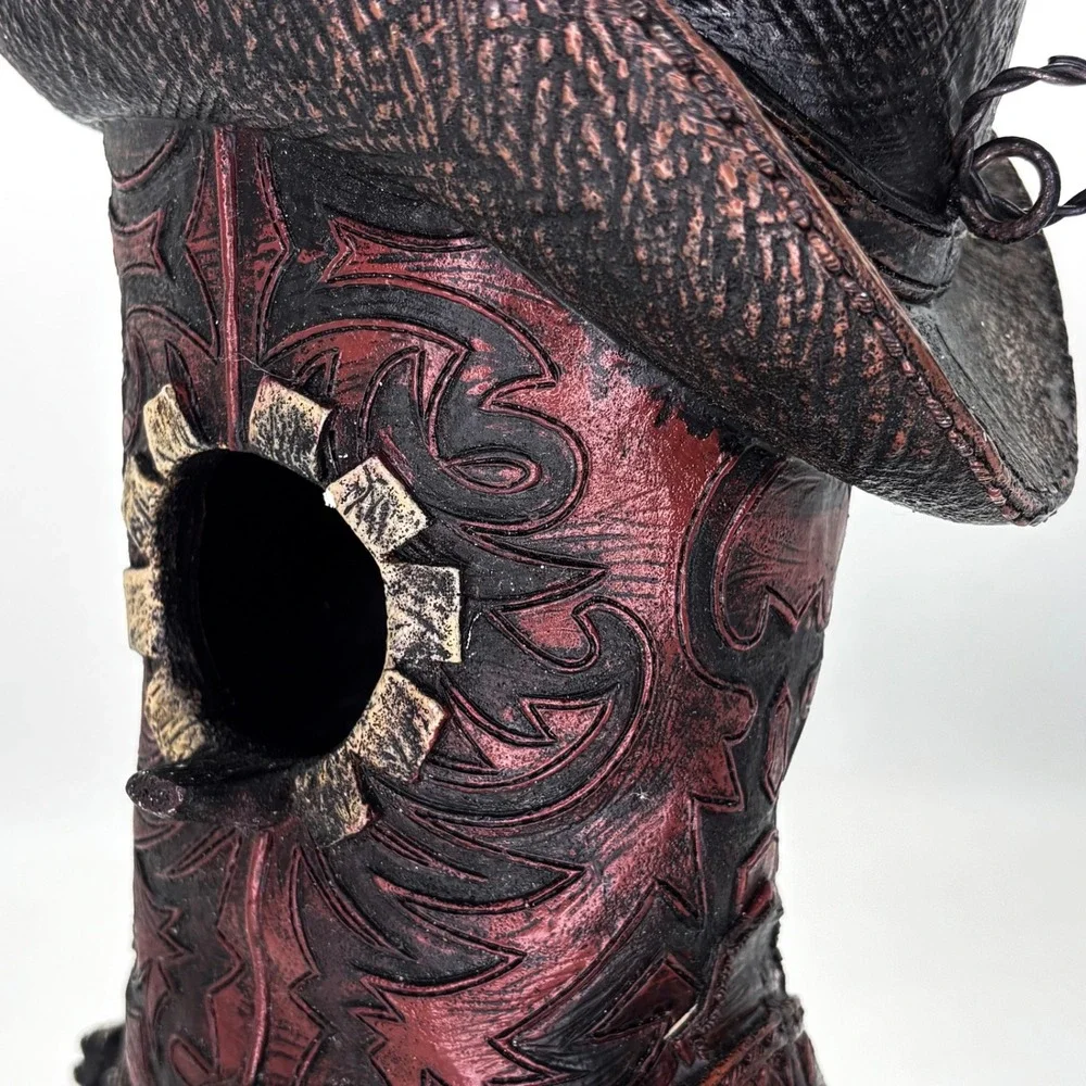 Western Cowboy Boot Birdhouse Resin Hanging Rustic Outdoor Garden Decor Hat Spur
